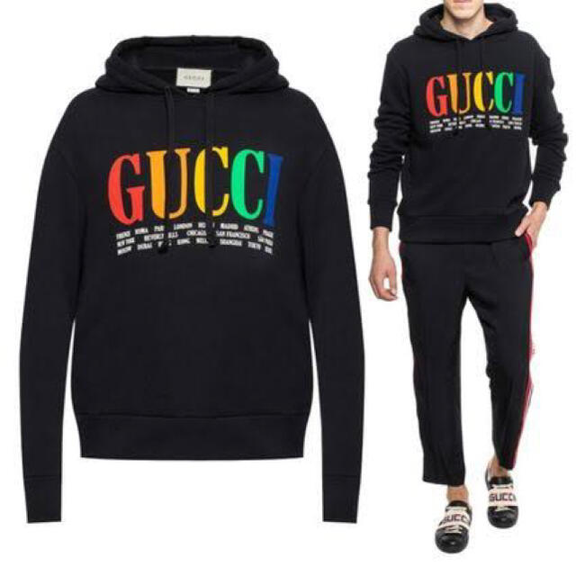 Gucci(グッチ)のGucci カラフルロゴ　ブラック　パーカー　フーディー　グッチ　マルチカラー メンズのトップス(パーカー)の商品写真