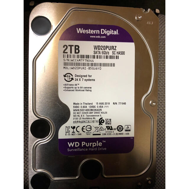 中古 WD Purple WD20PURZ 2TB HDD スマホ/家電/カメラのPC/タブレット(PCパーツ)の商品写真