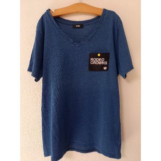 ロデオクラウンズワイドボウル(RODEO CROWNS WIDE BOWL)のロデオクラウンズ Vネック 胸ポケット Tシャツ ロゴ デニム ブルー 青(Tシャツ(半袖/袖なし))