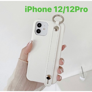 iPhone 12 / 12 Pro 用　ケース　ホワイト　ベルト付き　レザー風(iPhoneケース)