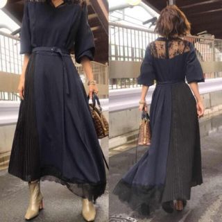 アメリヴィンテージ(Ameri VINTAGE)のPLEATS LACE ASYMMETRY DRESS (ロングワンピース/マキシワンピース)