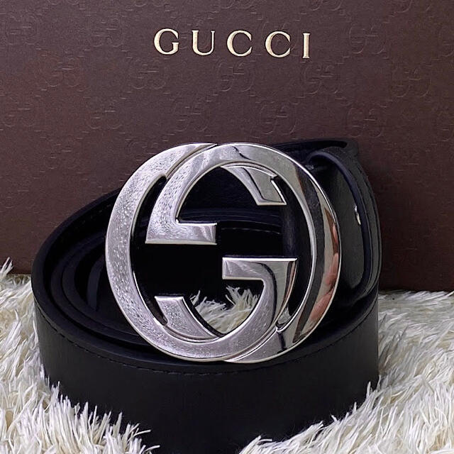 未使用に近い✨ GUCCI レザー ベルト インターロッキング シルバー GG