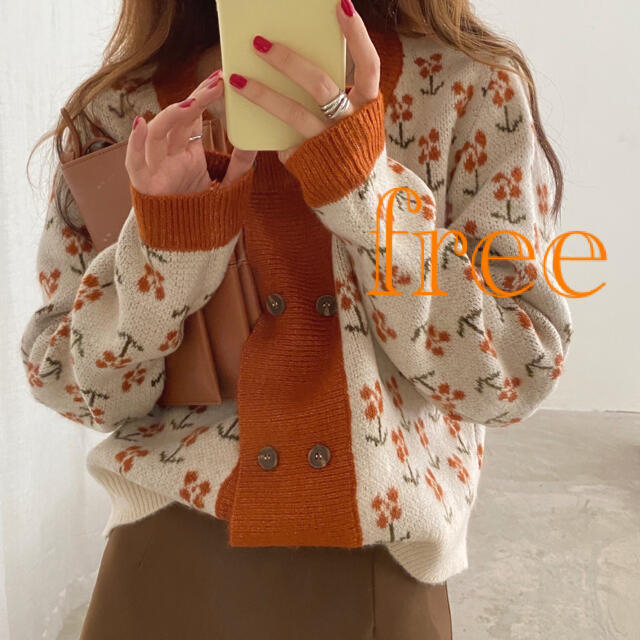 韓国ファッション ニット 花柄 配色 dholic ZARA 花柄 オレンジ レディースのトップス(ニット/セーター)の商品写真