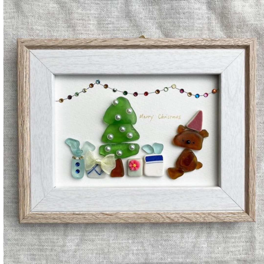 SALE❗️シーグラスアート　クマさんのクリスマス　テディベア　冬　雪　北欧雑貨 ハンドメイドのインテリア/家具(アート/写真)の商品写真