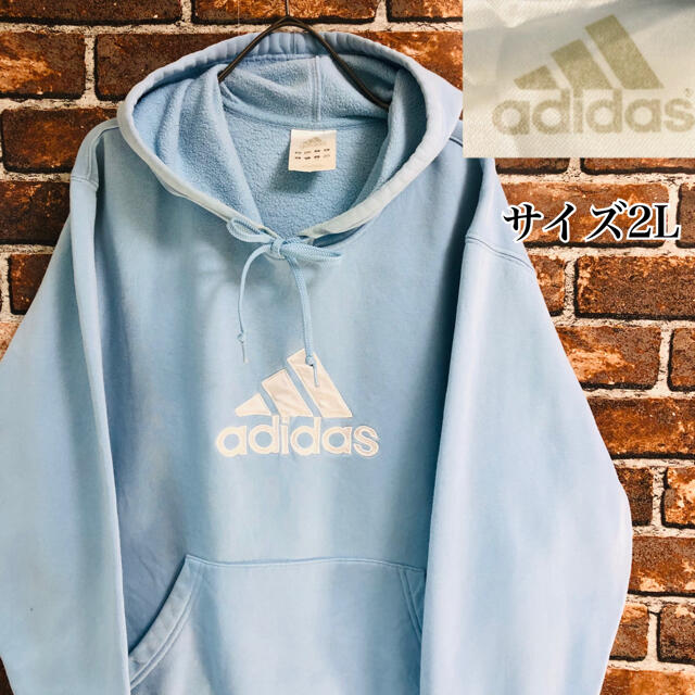 【レア】アディダスadidas　　パーカー　水色　ゆるだぼ　デカロゴ サイズLL