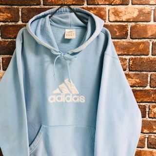 【レア】アディダスadidas パーカー 水色 ゆるだぼ デカロゴ サイズLL