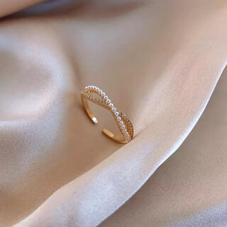 ヨンドシー(4℃)のパール&ジルコニア クロスリング  指輪 ゴールド　真珠(リング(指輪))
