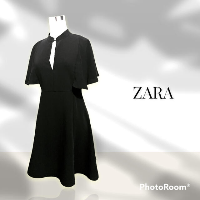 ZARA(ザラ)のZARA 膝丈ワンピース XS ブラックBLACK 黒 袖あり レディースのワンピース(ひざ丈ワンピース)の商品写真