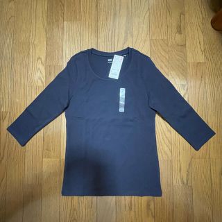 ユニクロ(UNIQLO)のコットンフライス　クルーネックT (7部袖) 紺(Tシャツ(長袖/七分))