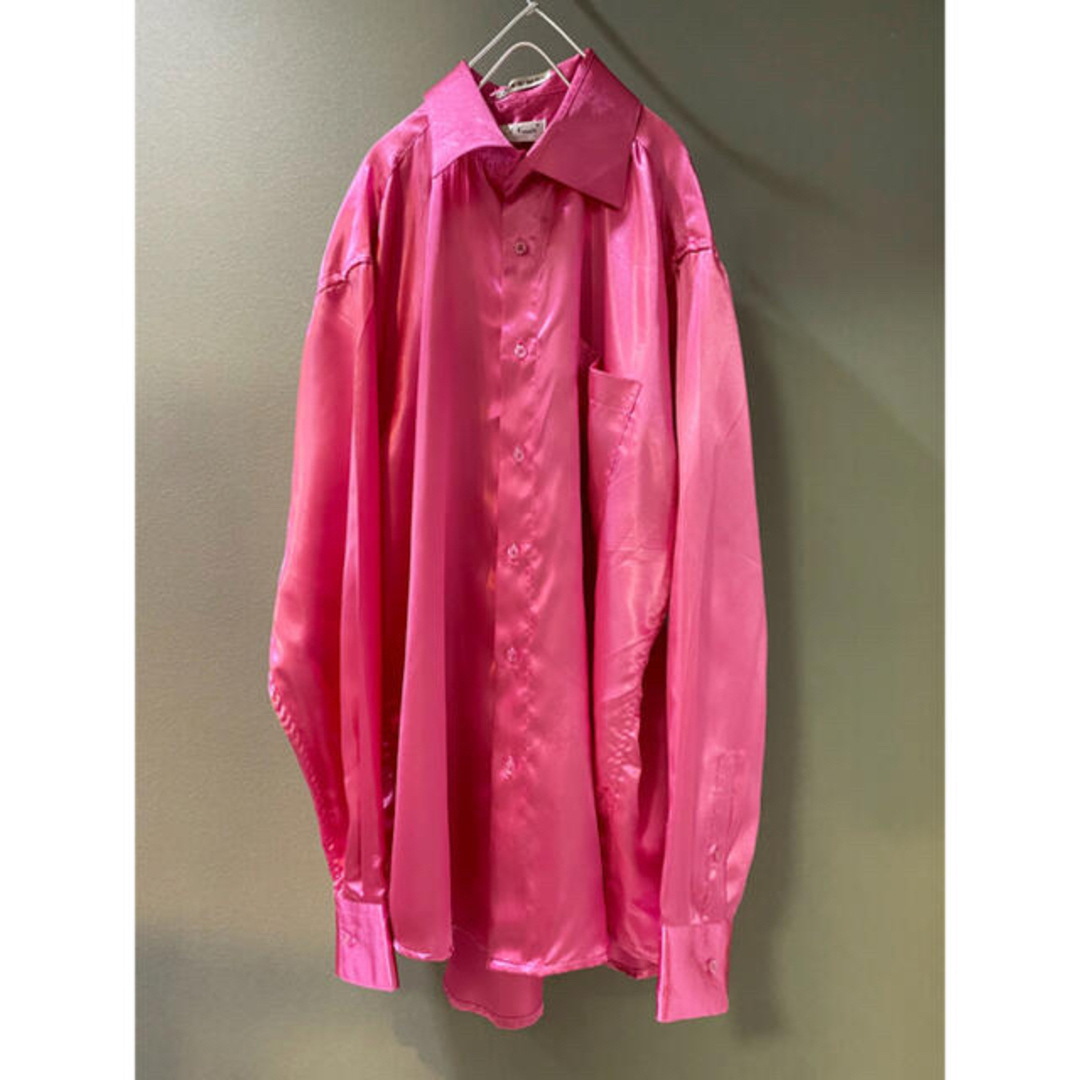 古着 ビンテージ 長袖 シャツ オーバーサイズ ポリシャツ ピンク パー子 レディースのトップス(シャツ/ブラウス(長袖/七分))の商品写真