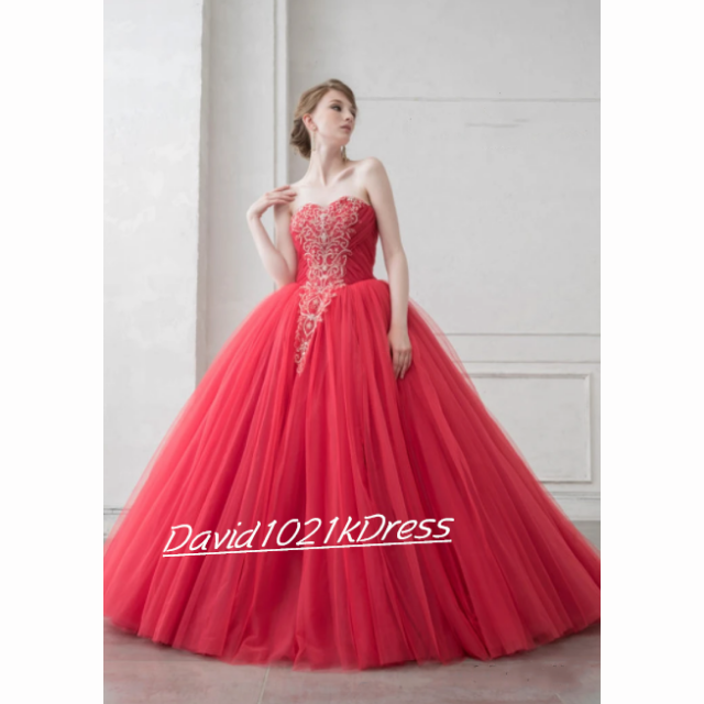赤   カラードレス     結婚式ドレス  3D立体レース刺繍   ベアトップ
