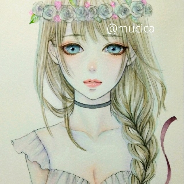 むぅしかオリジナルイラスト専用　手描きイラスト　オリジナル　花冠　水彩画　絵画　人物画