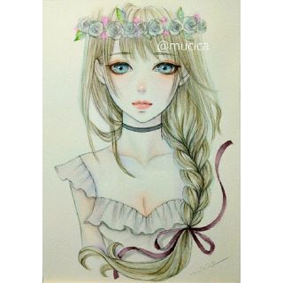 むぅしかオリジナルイラスト専用　手描きイラスト　オリジナル　花冠　水彩画　絵画　人物画