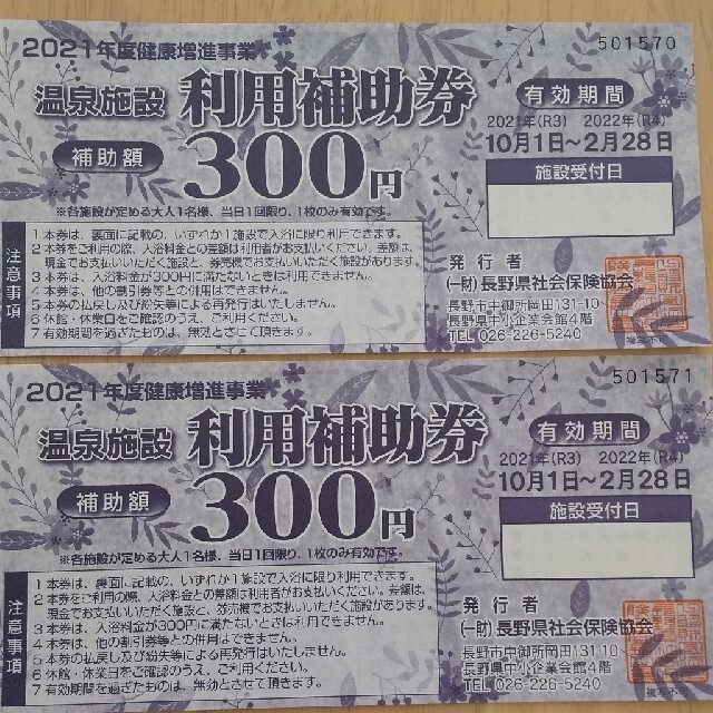 長野県 温泉施設 利用補助券 300円×２ チケットの優待券/割引券(その他)の商品写真