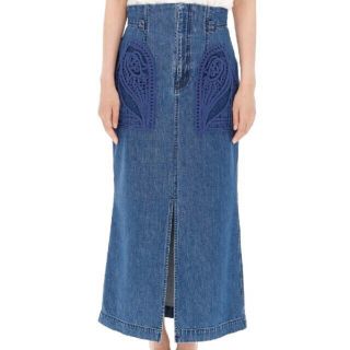 マメ(mame)のmame マメクロゴウチ　Embroidered Denim Skirt(ロングスカート)