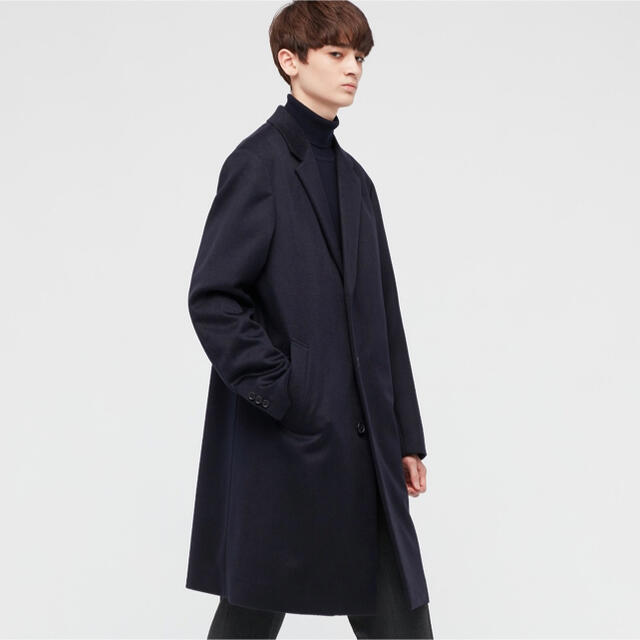 UNIQLO(ユニクロ)の新品未使用 21AW UNIQLO ウールカシミヤチェスターコート ネイビー L メンズのジャケット/アウター(チェスターコート)の商品写真