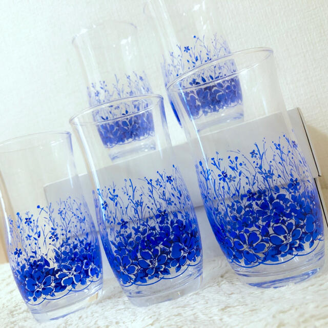 新品昭和レトロポップグラスタンブラーガラス硝子ブルー青色花柄アデリア好きな方に 2