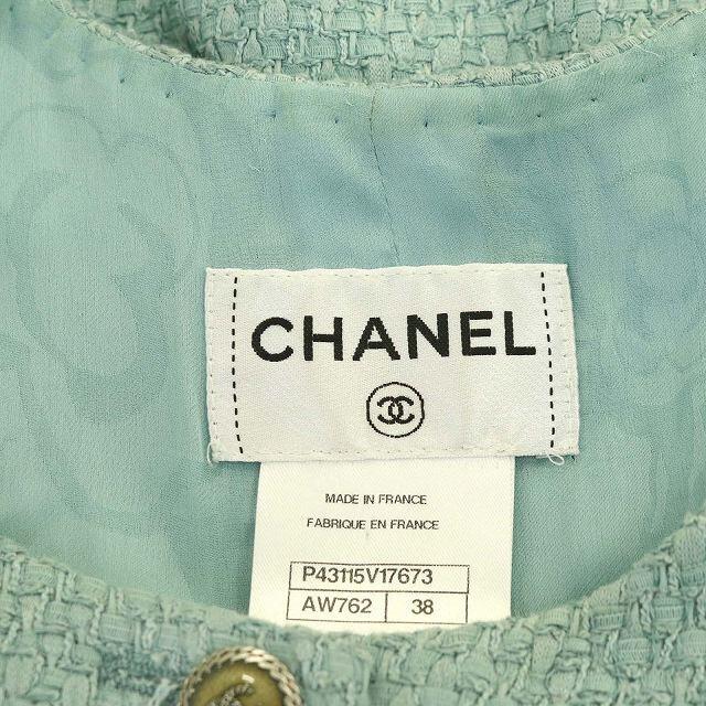 CHANEL(シャネル)のシャネル ツイード ノースリーブ ワンピース ひざ丈 ココボタン 38 緑 レディースのワンピース(ひざ丈ワンピース)の商品写真