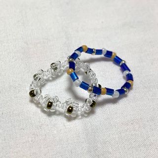 ハンドメイド　handmade ブルー系フラワービーズリング2点セット(リング)