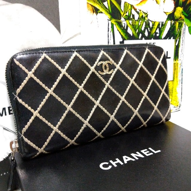 CHANEL　シャネル　長財布　ワイルドステッチ　ラウンドファスナー　黒