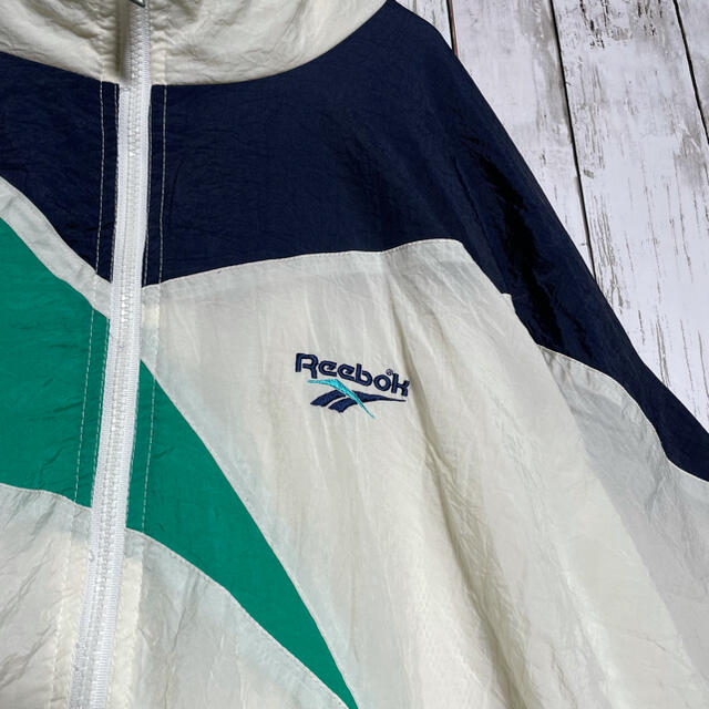 【人気】90s リーボック ナイロンジャケット XL 刺繍ロゴ 白 緑 紺
