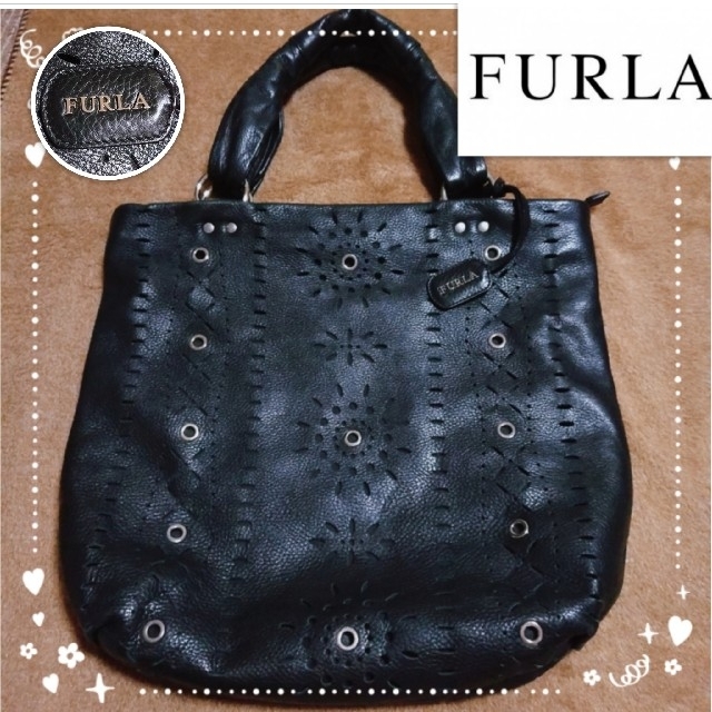 FURLA フルラ パンチング レザー トートバッグ 黒花火柄