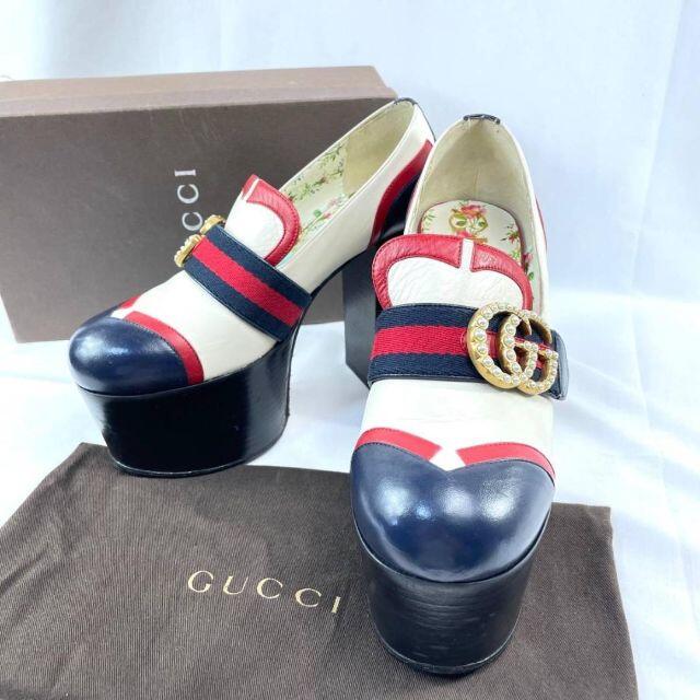 Gucci(グッチ)の【良品】GUCCI マーモント ラインストーン プラットフォーム 厚底36ハーフ レディースの靴/シューズ(ハイヒール/パンプス)の商品写真