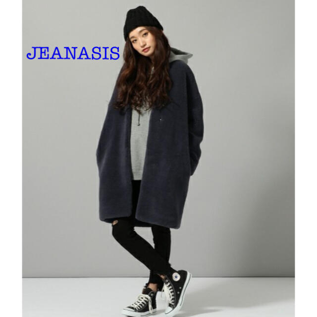 JEANASIS ノーカラーファーコート　グレーネイビー　size Free