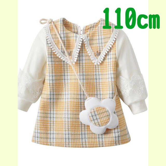 チェック柄ワンピース オレンジ110cm キッズ/ベビー/マタニティのキッズ服男の子用(90cm~)(Tシャツ/カットソー)の商品写真