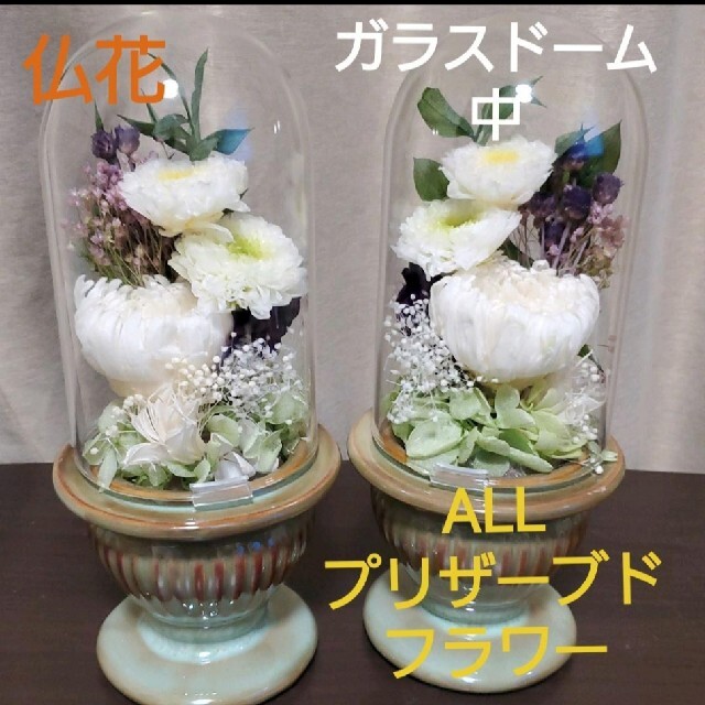 お仏壇用の仏花　ガラスドーム　中　一対  プリザーブドフラワー　花瓶ドーム付き