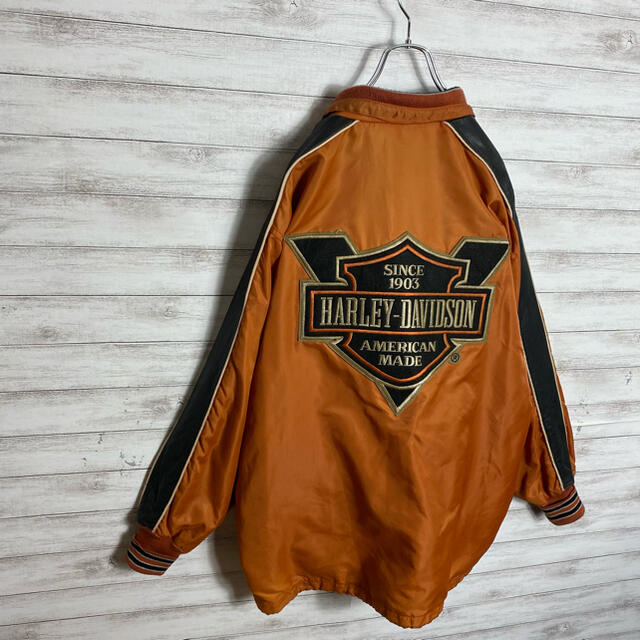 Harley Davidson(ハーレーダビッドソン)の【入手困難】90sハーレーダビッドソンスリーブレザーラインナイロンスタジャン メンズのジャケット/アウター(ナイロンジャケット)の商品写真