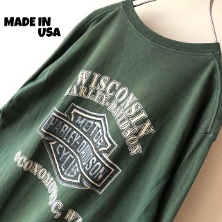 ハーレーダビッドソン(Harley Davidson)の【希少】古着 USA製 ハーレーダビッドソン 長袖Tシャツ 袖ロゴ アースカラー(Tシャツ/カットソー(七分/長袖))