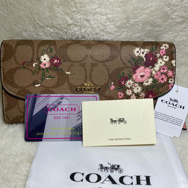 【新品未使用】COACH コーチ 小花柄 焦げ茶色 ピンク長財布 レザー正規品 - icaten.gob.mx