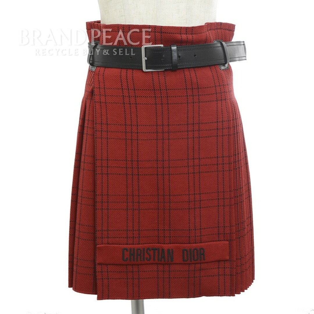 ディオール プリーツスカート チェック ベルト付き ウール レッド サイズ34 ひざ丈スカート