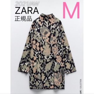 ザラ(ZARA)の【完売/新品】ZARA フラワージャカード ニットワンピース　M(ひざ丈ワンピース)