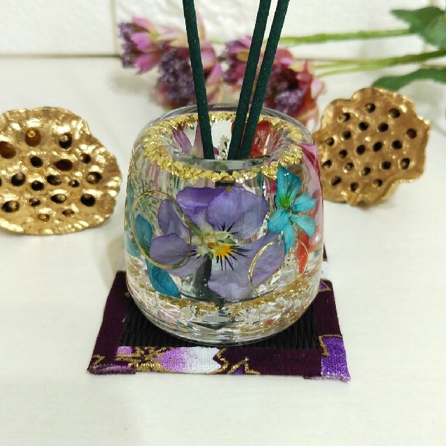 NO.351 紫系ビオラ＆小花in✨固まるハーバリウムお線香立て仏花