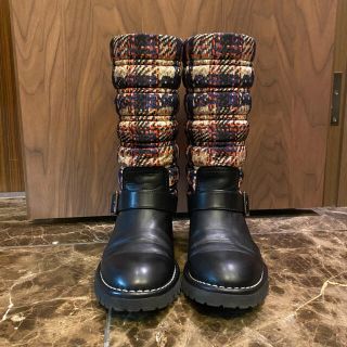 CHANEL シャネル キルティングナイロン エンジニアブーツ 38 ツイード柄
