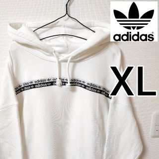 アディダス(adidas)のadidas 白 ライン柄 プルオーバーパーカー レディース XL フーディー(パーカー)