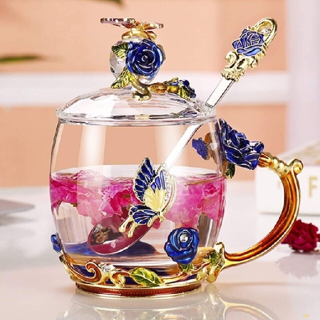 青薔薇に紫蝶が舞うとても美しいマグカップグラスセット【2167】