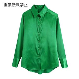 ザラ(ZARA)の🍁11月新作🍠6660◆green グリーン サテン風 シャツ ブラウス(シャツ/ブラウス(長袖/七分))