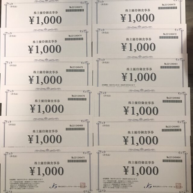 優待券/割引券ジェイグループホールディングス株主優待食事券12,000円分