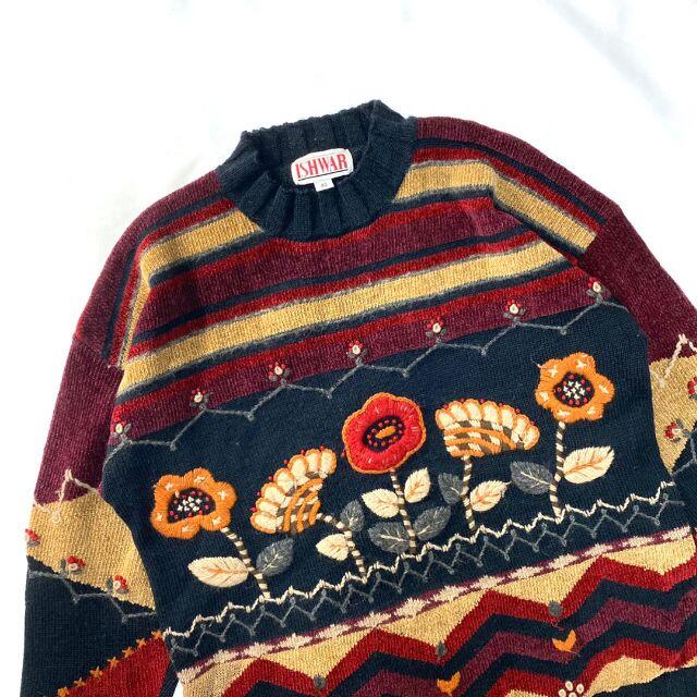 激レア　刺繍ニット　薄手セーター　花柄　ダークカラー　ハイネック　ビンテージのサムネイル