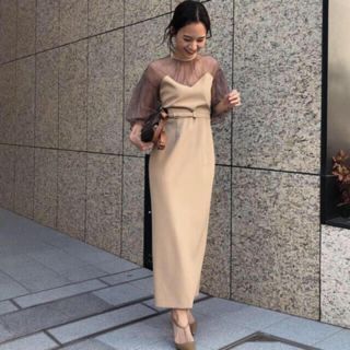 アメリヴィンテージ(Ameri VINTAGE)のアメリヴィンテージ AIRY SLEEVE TIGHT DRESS ベージュ S(ロングドレス)