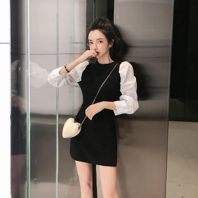 【即発送可】ラクかわ♡ 黒切り替えワンピース 白シャツ風 韓国ファッション | フリマアプリ ラクマ