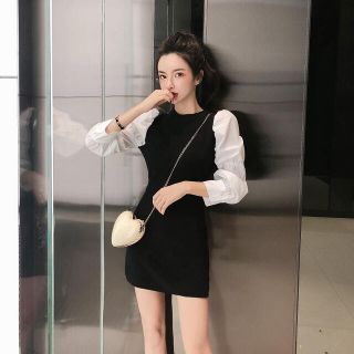 ザラ(ZARA)の【即発送可】ラクかわ♡ 黒切り替えワンピース 白シャツ風 韓国ファッション(ミニワンピース)