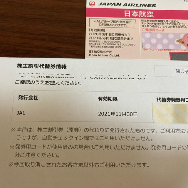 JAL(日本航空)(ジャル(ニホンコウクウ))の日本航空 JAL☆株主割引券 代替券コード チケットの優待券/割引券(その他)の商品写真