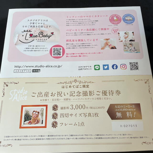 スタジオアリス優待券　はじめてばこ チケットの優待券/割引券(その他)の商品写真