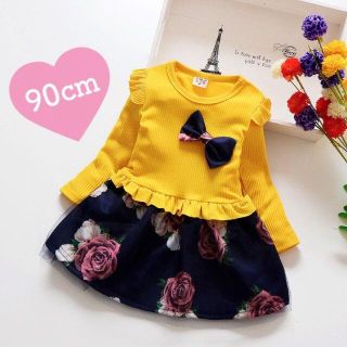 新品 90㎝ 花柄 ワンピース イエロー ベビー 女の子(ワンピース)