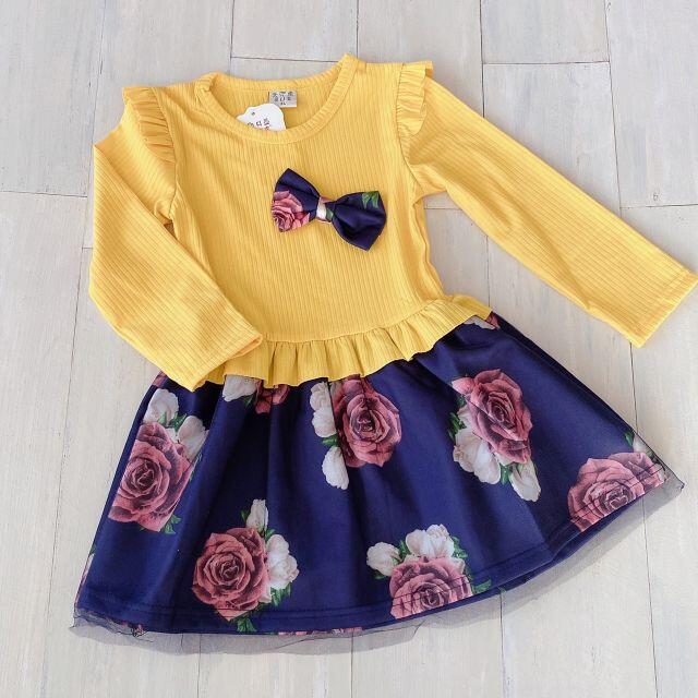 新品 120㎝ 花柄 ワンピース イエロー キッズ 女の子 キッズ/ベビー/マタニティのキッズ服女の子用(90cm~)(ワンピース)の商品写真