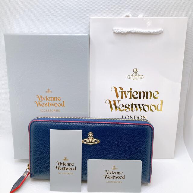 Vivienne Westwood(ヴィヴィアンウエストウッド)のヴィヴィアンウエストウッド 長財布 レザー ラウンドファスナー ネイビー 赤 レディースのファッション小物(財布)の商品写真